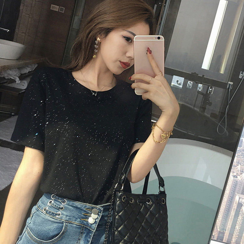 黑色短袖t恤女夏季2020新款时尚半袖宽松超火blingbling上衣ins潮