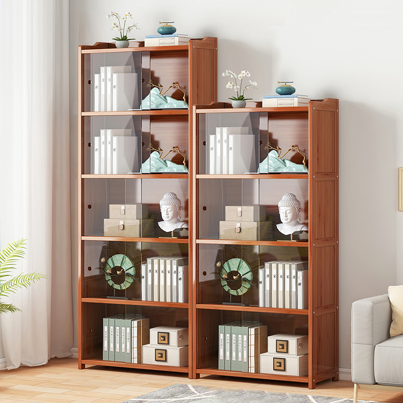 书架防尘落地书柜带门储物柜客厅自由组合原木格子柜简易书架带门