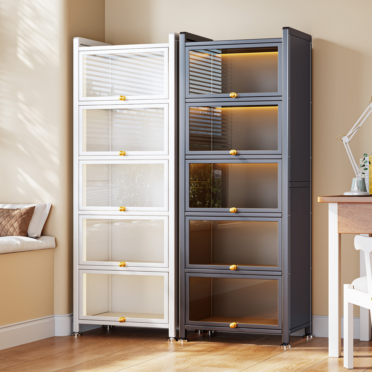 家用钢制书柜展示柜带门防尘玻璃手办柜铁皮痛柜家用收纳储物柜子