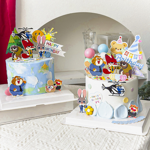 网红疯狂动物城儿童生日蛋糕装饰原创朱迪警官尼克狐狸生日帽插件