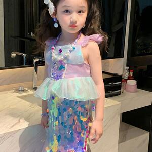 夏季女童公主裙2025新款美人鱼连衣裙鱼尾裙儿童亮片时尚洋气礼服