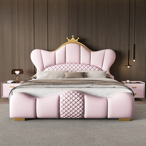 轻奢真皮床儿童皇冠粉色床双人床1.8米主卧储物皮床1.5米抽屉婚床