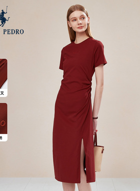 保罗彼得2025夏新款女短袖连衣裙褶皱收腰开叉专柜同款 NAEB43601