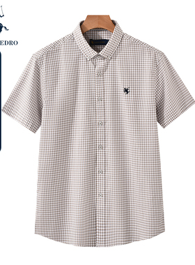 保罗彼夏季新款短袖时尚百搭衬衫衬衣男格子纯棉T恤上衣CODB52391