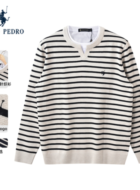 保罗彼得2025秋冬针织衫男假两件舒适条纹圆领宽松毛衣DTECZ00781