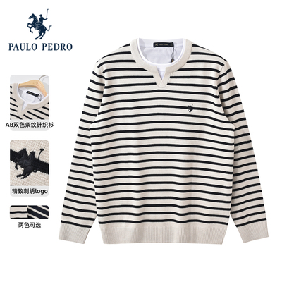 保罗彼得2025秋冬针织衫男假两件舒适条纹圆领宽松毛衣DTECZ00781