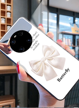 蝴蝶结镜子补妆镜适用华为MATE40PRO手机壳mt30白色ma20x玻璃nova9se女夏天p50新款荣耀60限量版70防摔pr0十+