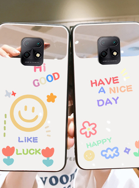 笑脸玻璃镜面白色适用小米红米10X手机壳5g4g女生redmi10xpro手机外壳女款创意红米9保护壳x10女十x九带挂绳