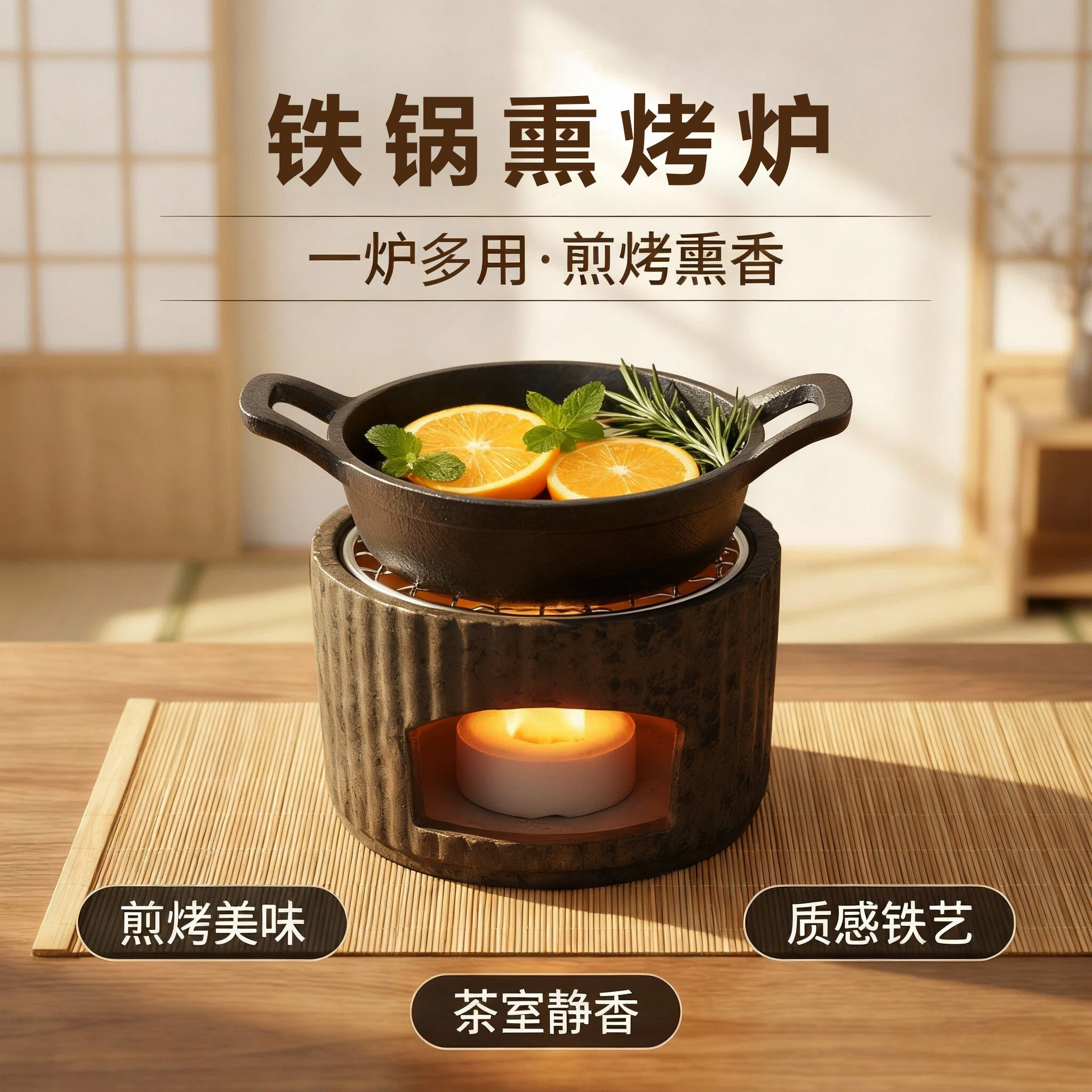 竖纹碳炉铁锅熏香烤肉多功能烤香天然植物果皮熏香醒茶提香烤茶器
