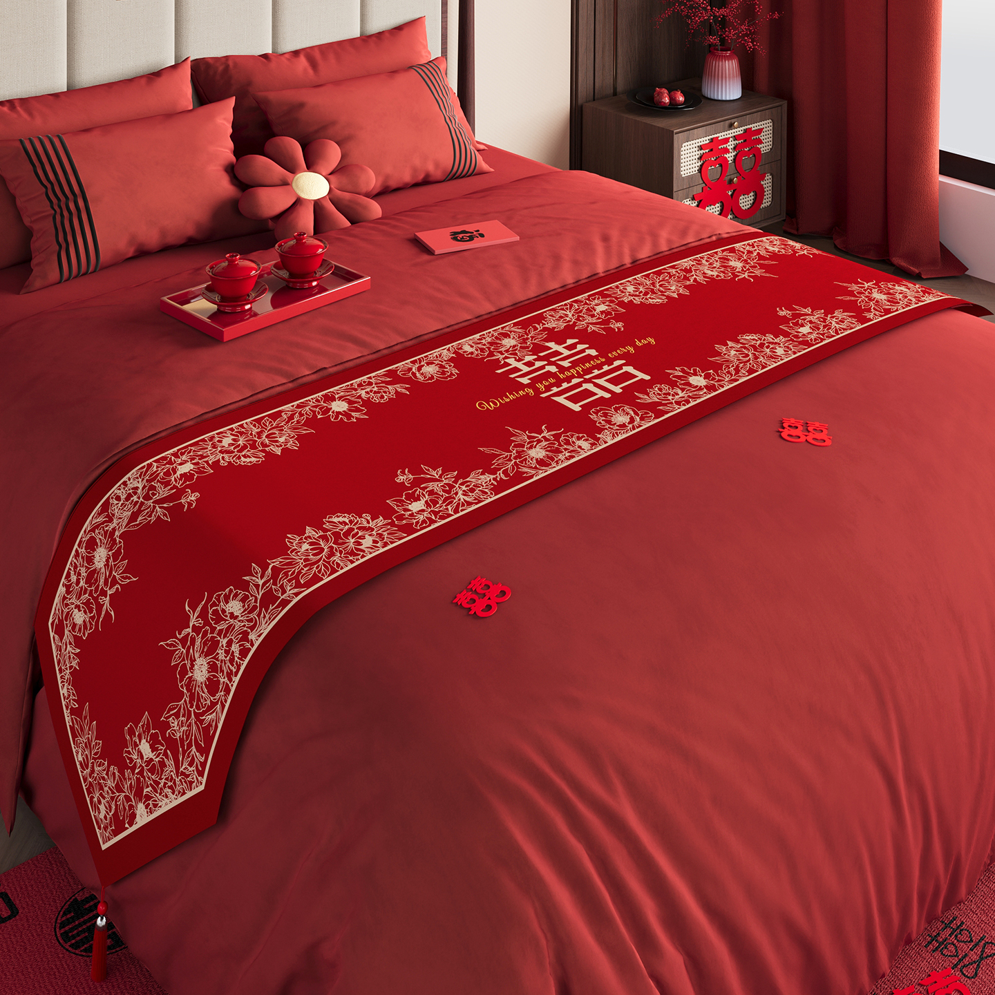 结婚床旗婚房庆氛围感床尾巾