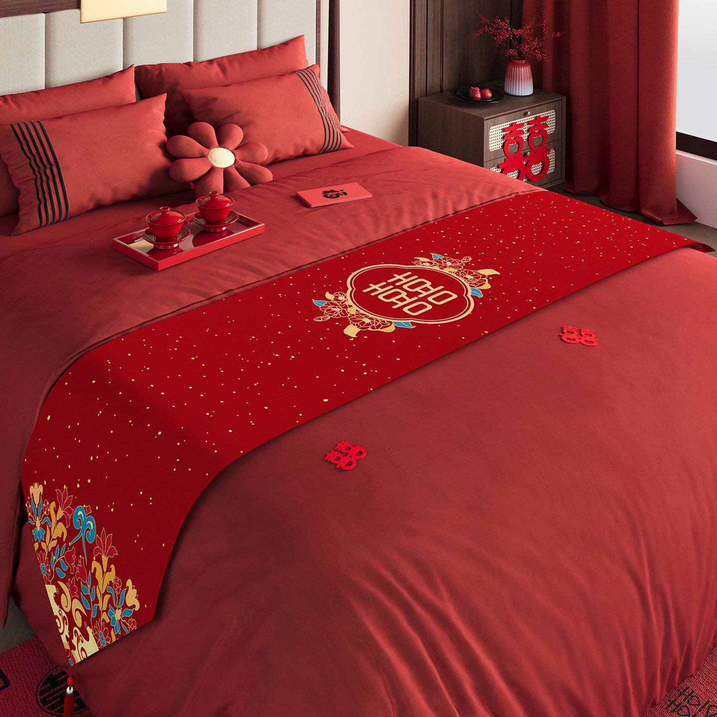 红色结婚床旗婚房喜庆床尾搭巾婚庆氛围装饰桌旗酒店卧室喜字床盖,床上用品,床旗,淘宝优惠券,粉丝福利购,淘宝优惠卷