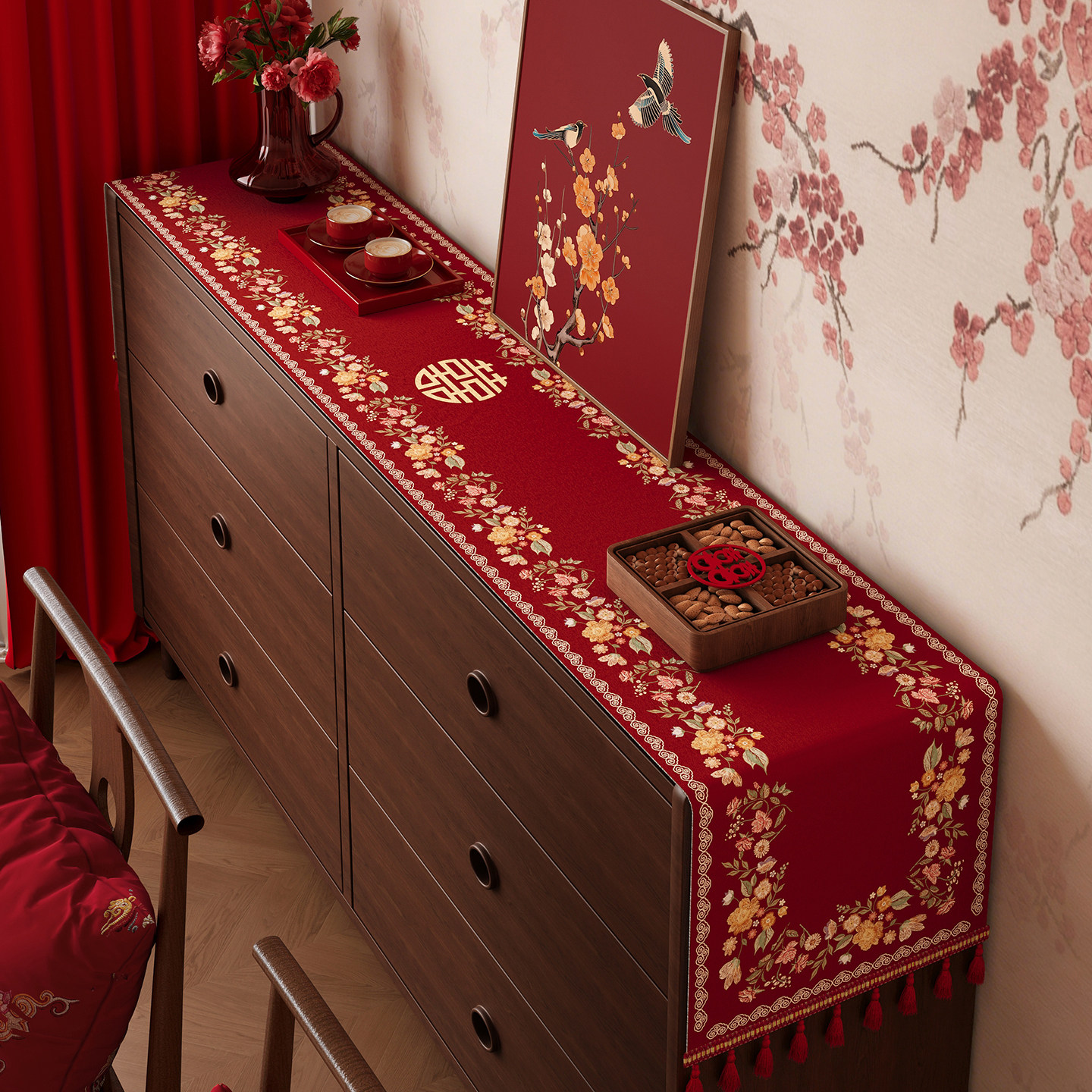 结婚喜庆电视柜桌布婚房氛围装饰