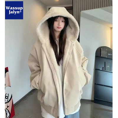 WASSUP JALYN荔枝纹皮座山雕外套女冬季加绒加厚棉服毛领夹克棉衣