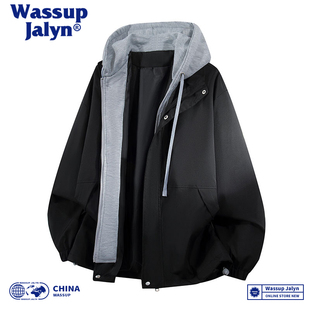 WASSUP JALYN秋冬假两件连帽潮牌情侣冲锋衣工装宽松休闲夹克外套