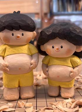 手工木雕卡通人物丨办公室工位电脑桌面情侣摆件创意装饰治愈可爱