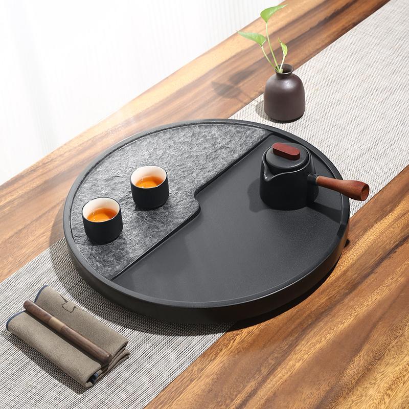 天然乌金石茶盘整块茶台家用简约轻奢现代高级感带排水圆形托 托