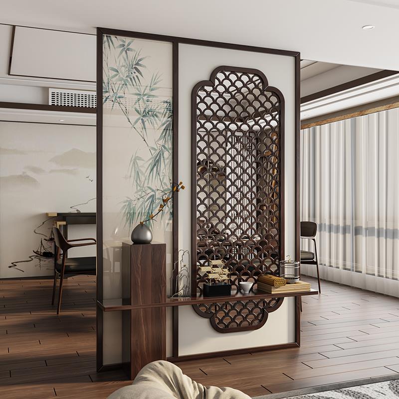 新中式屏风隔断客厅卧室正门玄关入户新款简约鱼鳞纹镂空实木格栅