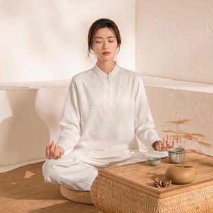 纯色国风睡衣女士套装 高端可外穿家居服女款 纯棉麻长袖 春秋款 秋季