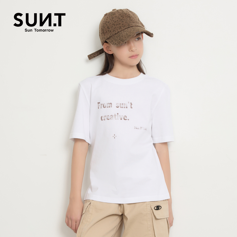 suntomorrow女童短袖T恤夏季字母印花简约纯棉上衣2025新款童装
