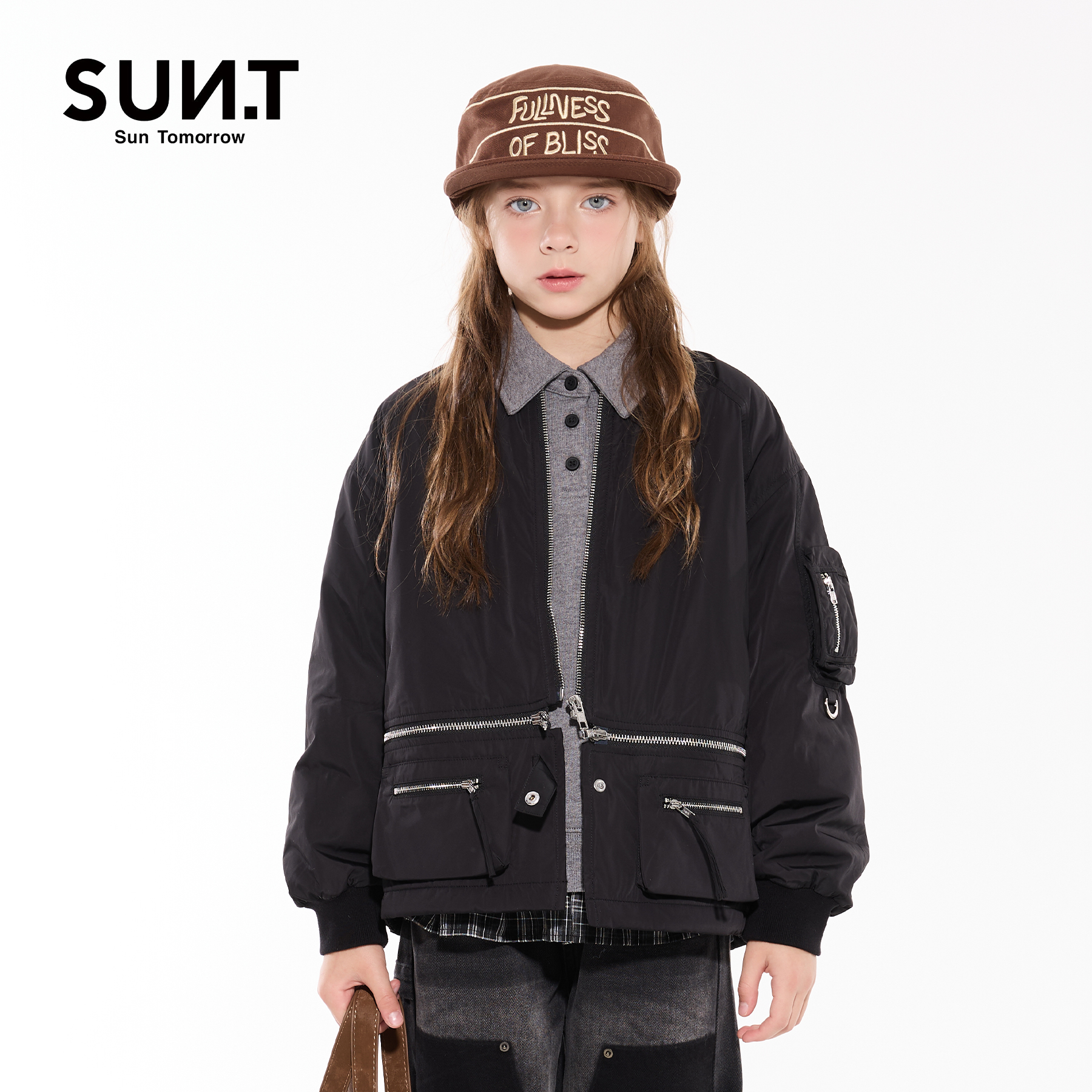 sunt线下同款儿童外套2025秋装新款女童棒球服拉链款休闲夹克上衣