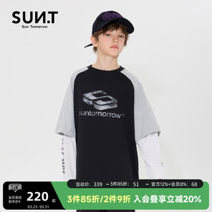 suntomorrow儿童撞色拼接插肩袖 大童潮流假两件上衣 T恤男童春装