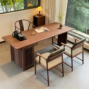 高端北美黑胡桃木茶桌茶台家用民宿会所泡茶桌椅烧水壶一体嵌入式