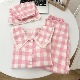 WALKING韩系ins粉色格子睡衣女夏季 三件套可外穿家居服 新款 短袖