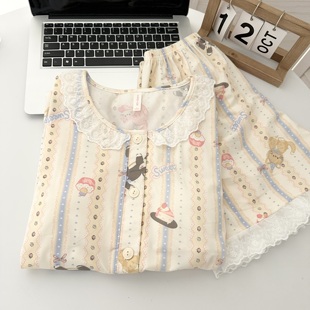 WALKING 奶呼呼小猫睡衣女夏季短袖带胸垫2025年休闲家居服两件套