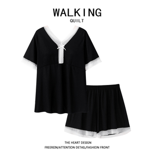 WALKING莫代尔带胸垫睡衣女夏短袖 家居服 短裤 200斤胖mm加肥加大码