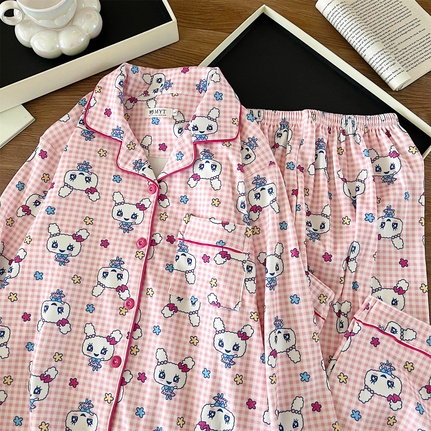 卡通甜心吉格子德绒睡衣女秋冬季