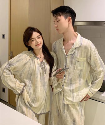 公主风条纹情侣睡衣春秋季