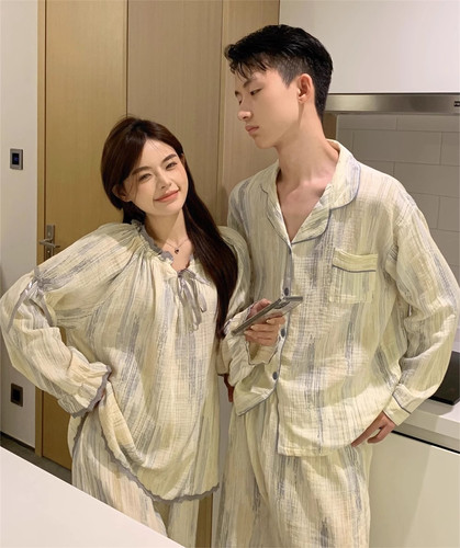 公主风条纹情侣睡衣春秋季