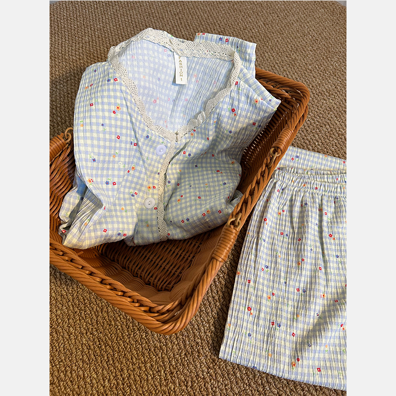 韩版甜美碎花格纹睡衣女春秋款