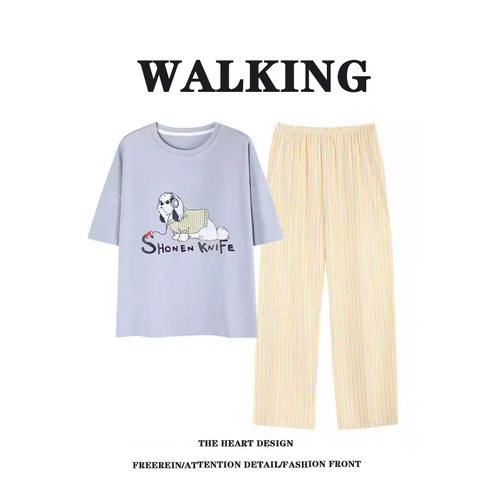 新款带胸垫睡衣女纯棉短袖