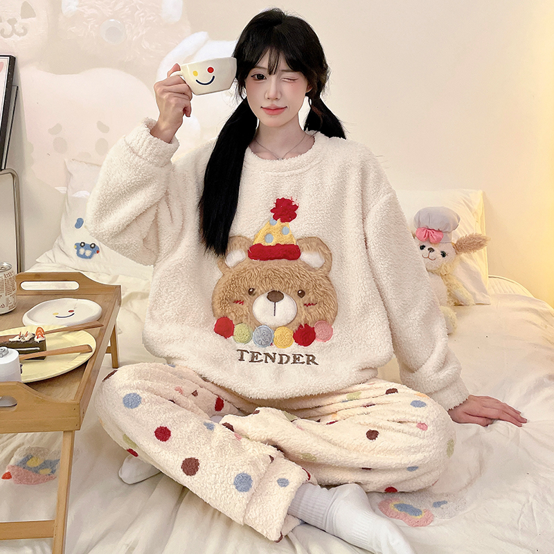 卡通小熊半边绒睡衣女秋冬季加厚