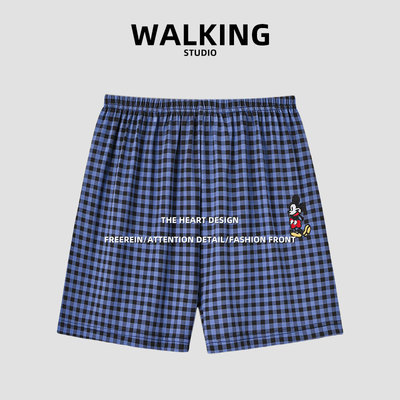 米奇格纹睡裤松紧腰居家短裤