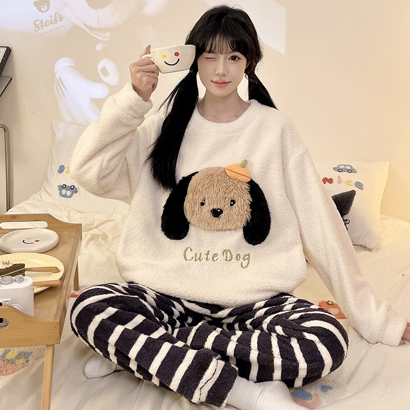 睡衣女冬季半边绒圆领卡通小狗