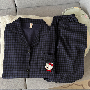 HelloKitty睡衣女款绵绸长袖春秋冬季情侣宽松大码家居服套装男士