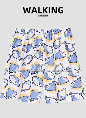 WALKING 鲨鱼宽松阿罗裤男士睡裤短裤内裤纯棉可爱卡通薄夏女大码