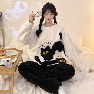可爱猫咪珊瑚绒睡衣女款冬季加绒加厚长袖法兰绒春秋天家居服套装