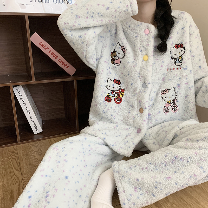 可爱KT猫睡衣女款冬季珊瑚绒加厚