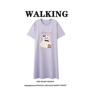 WALKING 带胸垫纯棉短袖睡裙女夏季薄款宽松卡通慵懒风网红家居服