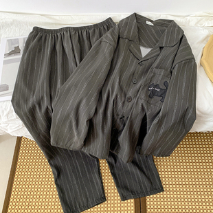 WALKING 高级感条纹男士睡衣春秋季长袖长裤卡通小黑猫宽松家居服