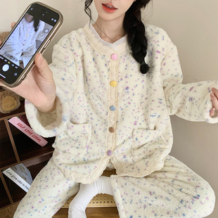 半边绒软绵绵加厚加绒睡衣女冬季保暖长袖长裤甜美可爱家居服套装