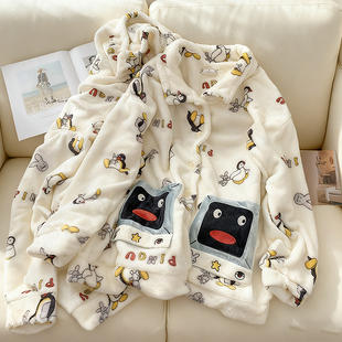 韩国可爱pingu企鹅法兰绒睡衣女款冬季加厚保暖珊瑚绒家居服套装