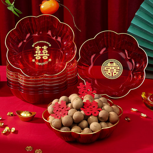 结婚果盘红色透明喜糖盘装饰布置