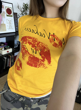 ARDENT原创正肩唇印印花复古短袖夏季修身美式辣妹圆领T恤