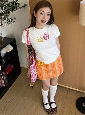 ARDT原创夏季扶桑花卉印花正肩短款弹力修身显瘦短袖T恤百搭上衣