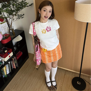 ARDT原创夏季扶桑花卉印花正肩短款弹力修身显瘦短袖T恤百搭上衣