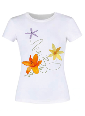 ARDENT花卉彩色涂鸦印花正肩夏日热带度假风短袖辣妹修身t恤